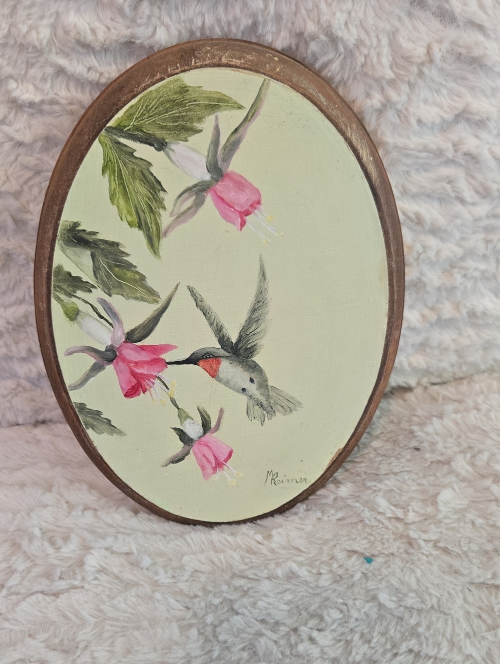 Hand-Painted Hummingbird & Fuchsia Floral Oval Plaque